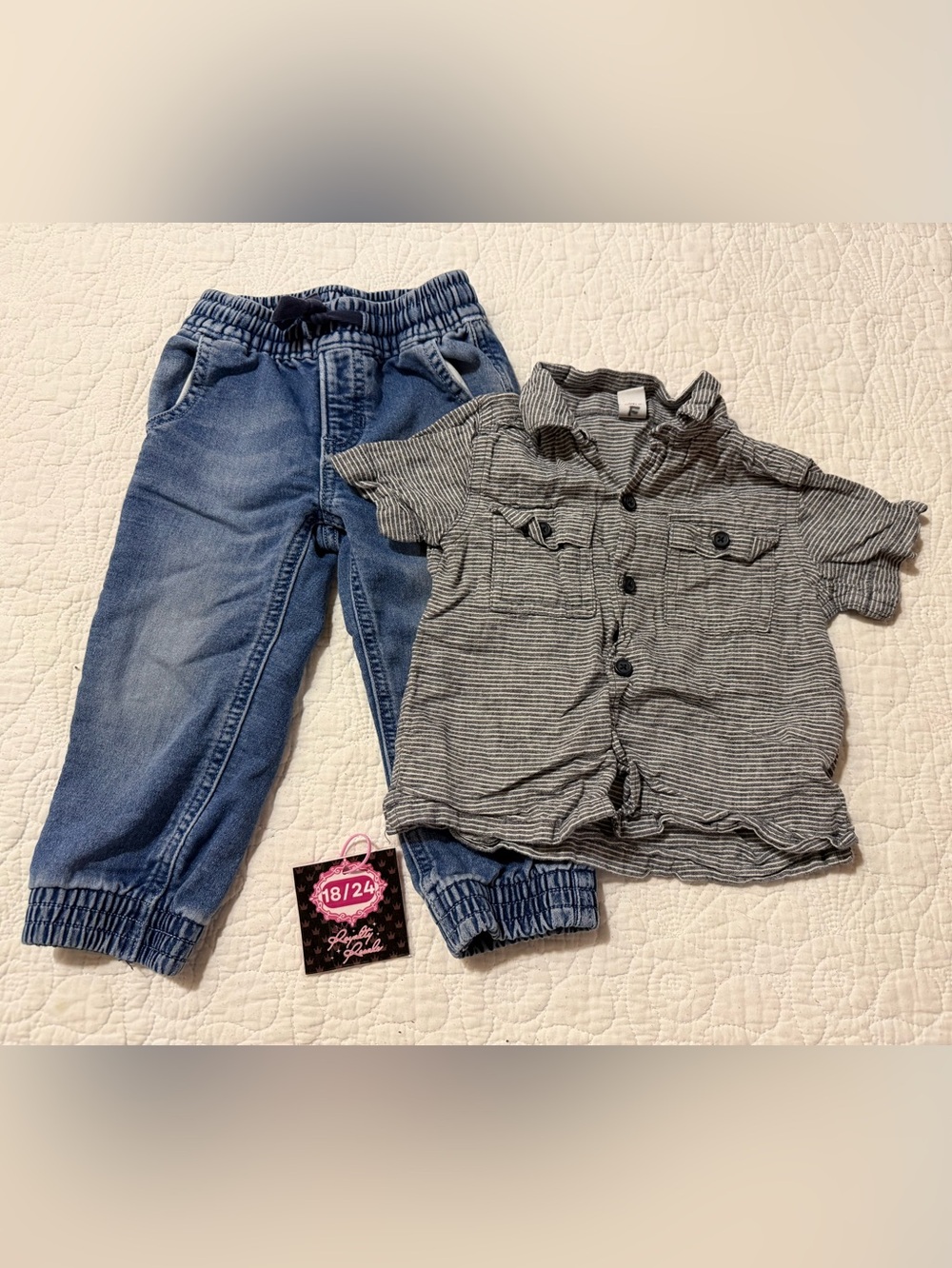 GAP Blue Jeans and Gray Striped Button Shirt Kids Matching Set